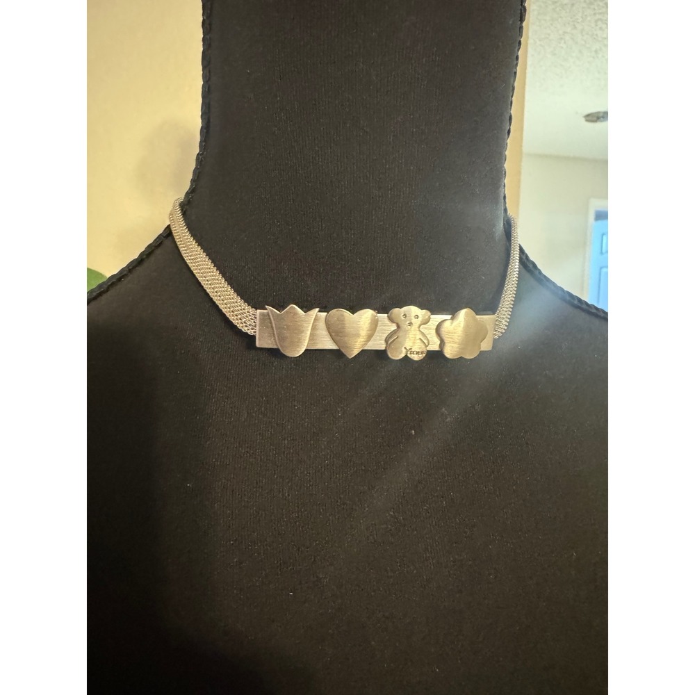 VTG TOUS Silver Tone Mesh Choker Necklace Bear Heart Tulip Flower Charms
